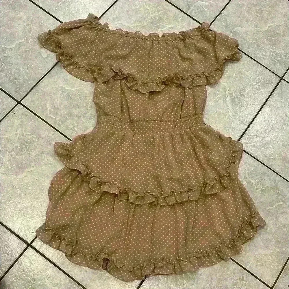 Favlux Fashion Off the Shoulder Tan with White Dots Tiered Dress Size Large